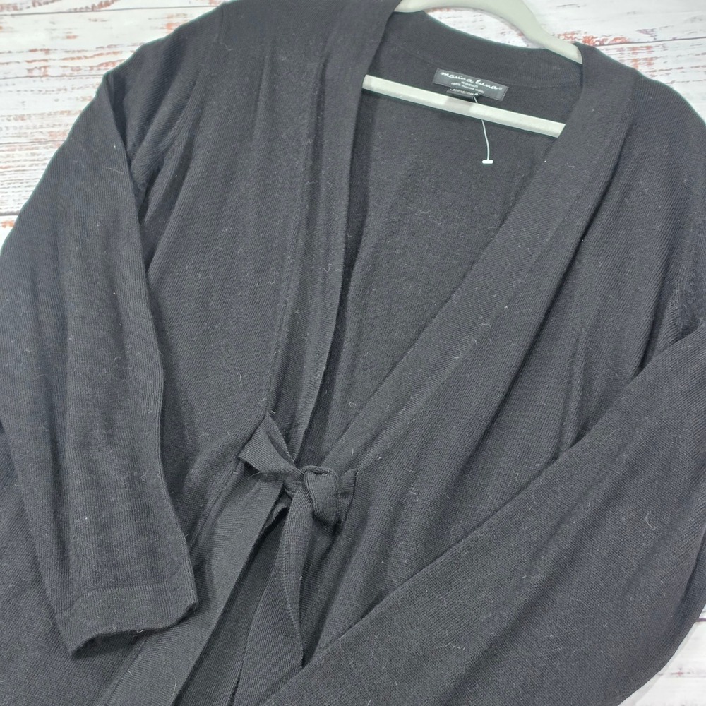 Marina Luna Cardigan Sweater Woman 3X Black New Merino Wool Front Tie Open Knit
